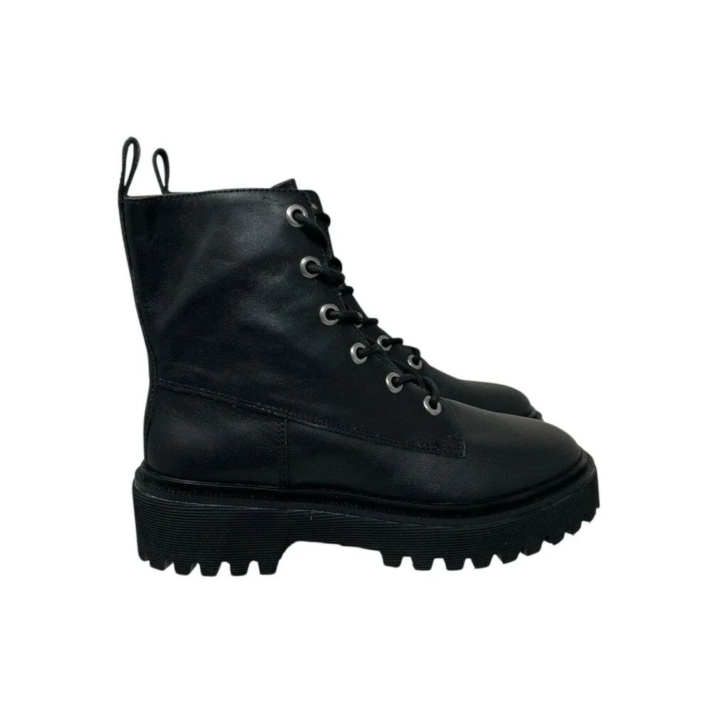 Madewell Black Leather The Shelton Lace-Up Combat Boots Moto New NG667 Womens 7‎